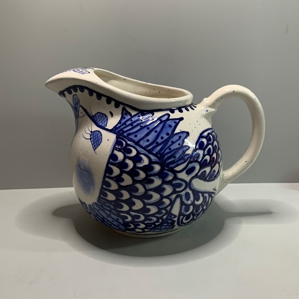 Vintage 2001 Diane “Come Dream With Me” Kissing Fish Blue & White Pitcher